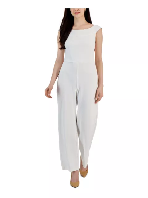 CONNECTED APPAREL WOMENS White Cap Sleeve Boat Neck Wide Leg Jumpsuit ...