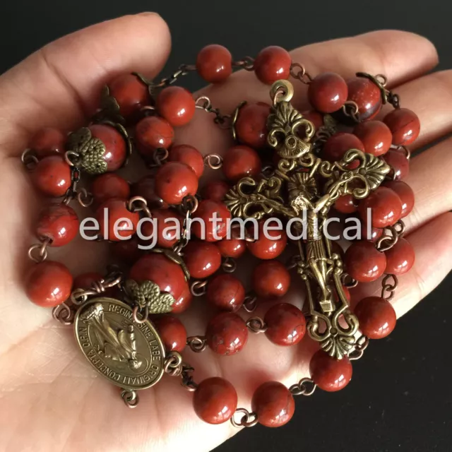Vintage Catholic Carnelian Jade Red Rose beads Rosary Necklace  Cross crucifix