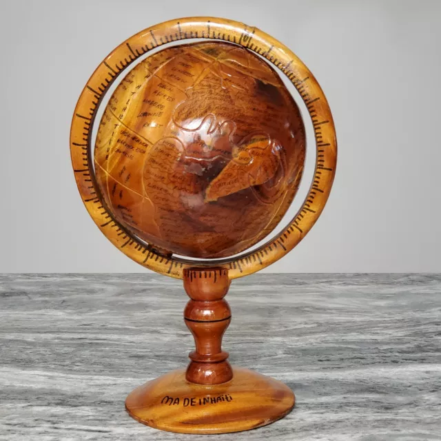 World Globe Haitian Hand Carved Wood World Globe - French - Made in Haiti