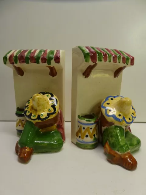 Vintage Pair Deco Pottery Bookends Hand Painted Statues Mexicans Siesta Figurine