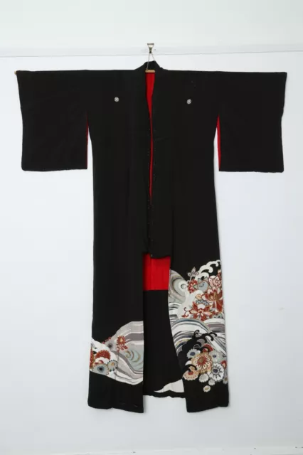 Japanese kimono Silk hand painted floral black kuro tomesode 1920's