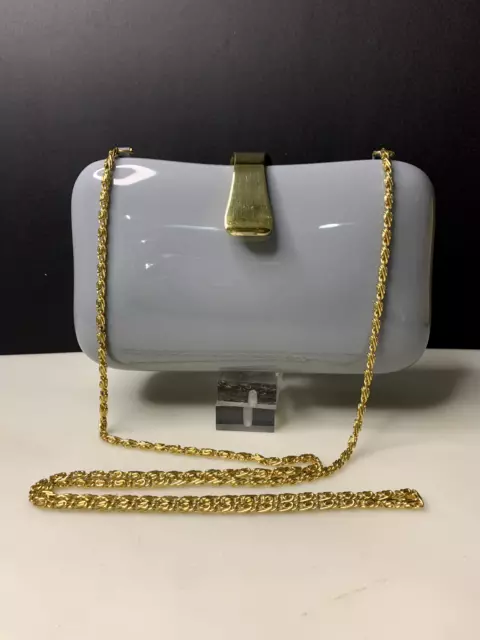 Vintage 80's Gray Lucite Clutch shoulder bag Gold Latch Chain Made in Hong Kong