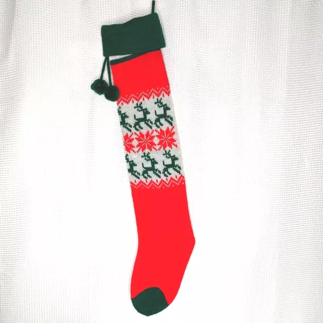 Vintage Christmas Stocking Reindeer Snowflake Knit Poms 25.5"