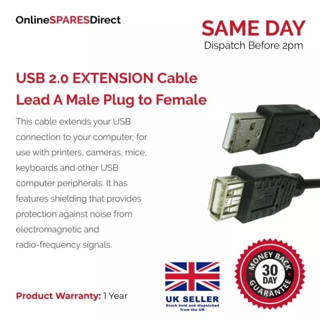 0.5m/1.0m/2.0m/3.0m/5.0m USB 2.0 EXTENSION Cable Lead A Male Plug to Female S...