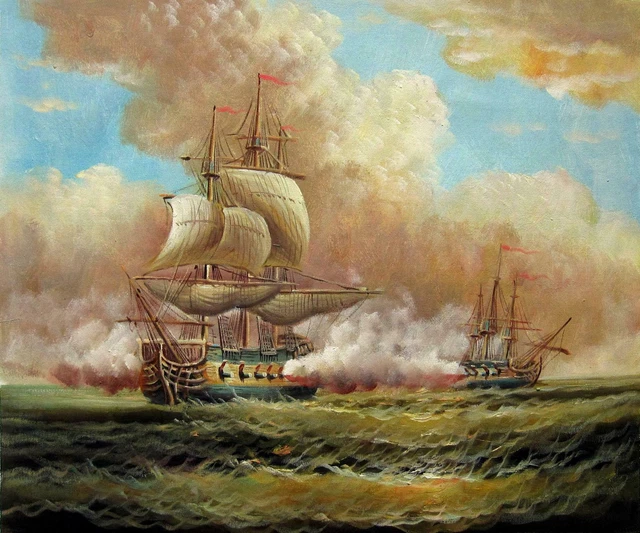 paysage marin guerre navale bateaux tableau peinture huile sur toile / war navy