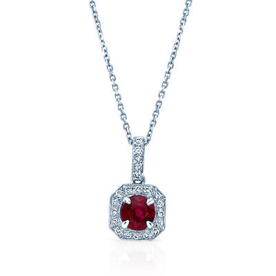 Rubis Diamant Pendentif 14K or Blanc Collier Octogone Halo Perlé Femmes