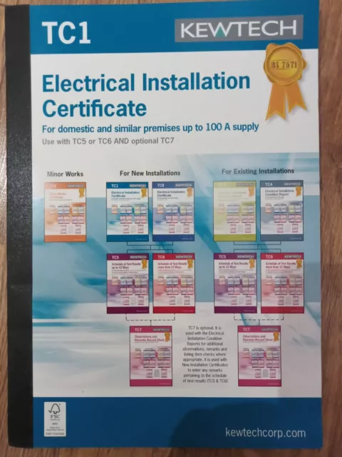 Kewtech TC1 - New Electrical Installation Certificate For Up To 100A Supply