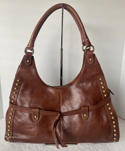 Perlina Brown Leather Purse Shoulder Bag Handbag Gold Studded Detail Boho Large