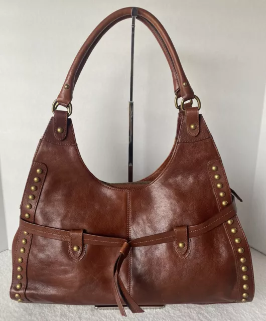 Perlina Brown Leather Purse Shoulder Bag Handbag Gold Studded Detail Boho Large