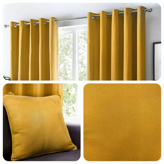 Fusion Sorbonne Plain Dye 100% Cotton Lined Curtains & Cushions in Ochre Yellow