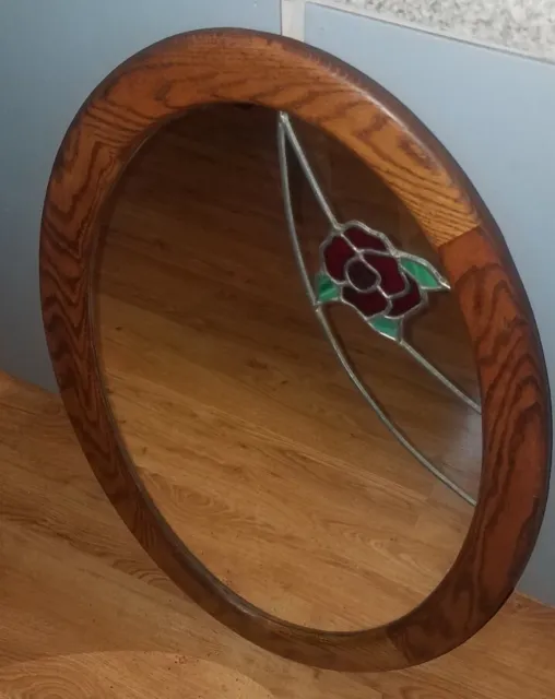 SOLID OAK Framed VTG Large Oval Wall MIRROR w/STAINED GLASS RED ROSE Insert!
