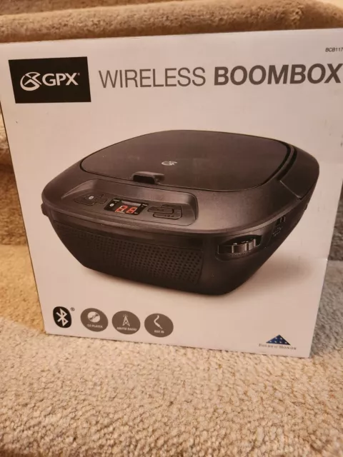 GPX Wireless BoomBox Bluetooth CD Player AM/FM Radio AUX IN, Model # BCB117B