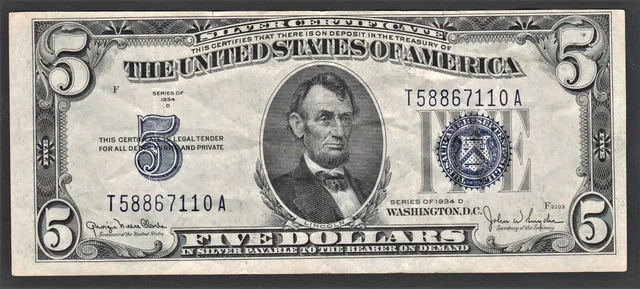 VERY CHOICE CRISP 1934-D Five Dollar Bill Silver Certificate Blue Seal Note