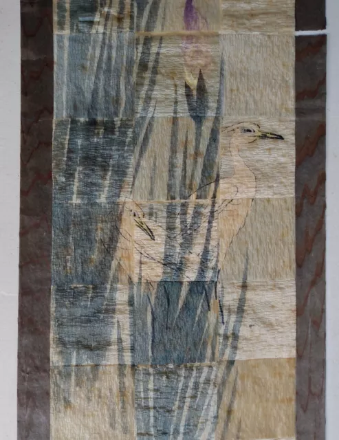 DTD ANTIQUE 1911 Japanese Painting Heron & Iris Handwoven Willow Wood w ...