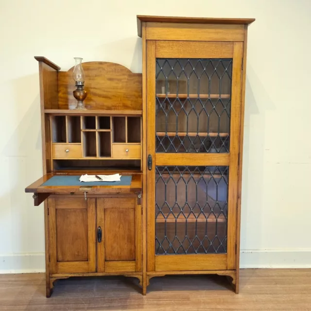 Antique Oak Leadlight Secretaire Drop Front Bureau Desk Bookcase Display. C1920s 2