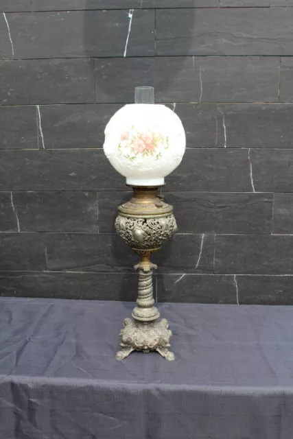 Antique Victorian Miller Parlor Banquet Ornate Oil Lamp Roses Glass Ball Shade