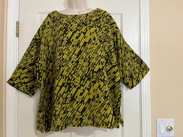 Bryn Walker Linen Abstract Boxy Oversized 3/4 Sleeve Tunic Top Small