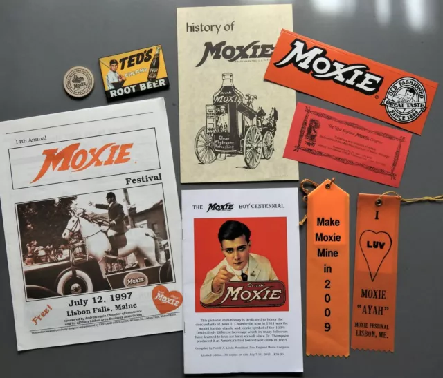 Lot Moxie Soda Misc Wooden Nickel Ted's Mirror History Moxie Boy  Ribbons ++