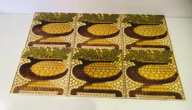 6 Vintage Architectural Salvage 15Cm Square Tile Flower Pineapple Orange Ag058