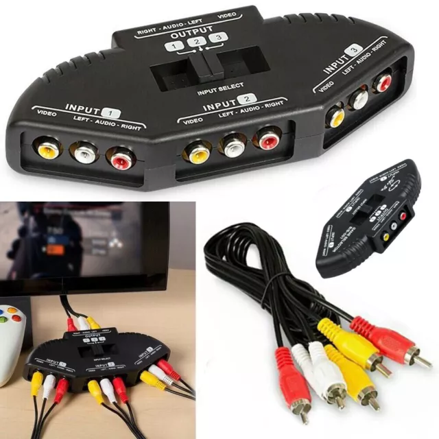 Fosmon 3 Port AV Composite RCA Selector Box Switch Splitter w/ Cable Cord Plug+