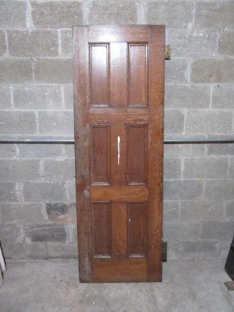 ~ ANTIQUE OAK 6 PANEL DOOR WITH HARDWARE BB ~ 28 x 81.5 ARCHITECTURAL SALVAGE