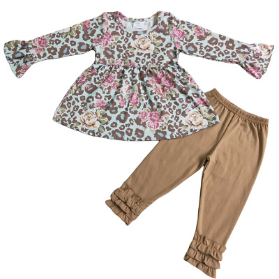Girls Long Sleeve Top Pants Set 2 Pcs Outfits Floral Leopard Print