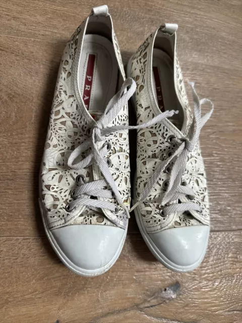PRADA TRAINERS LASER Cut White Patent Leather Lace Up Sneakers UK4.5 37.5 20.00 PicClick UK