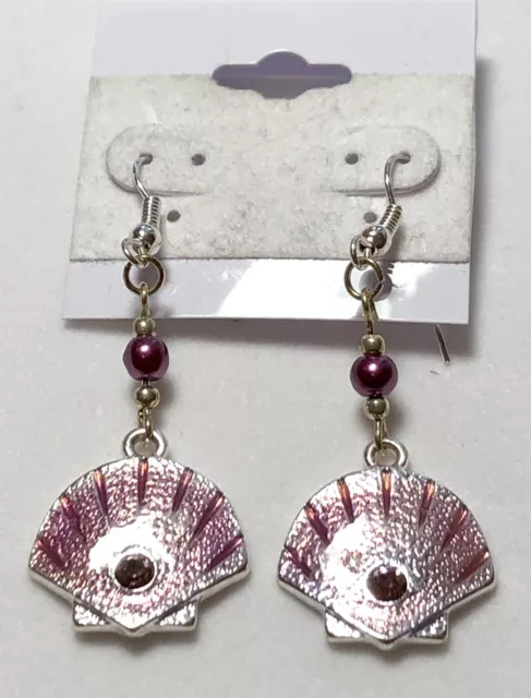 Stainless Steel Pink Seashell With Gem Beaded Earrings