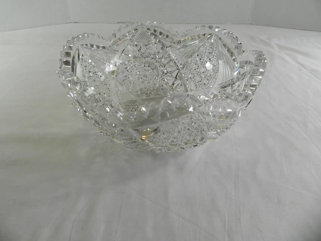 American Brilliant Cut Glass Bowl - 8” Hobstars Fans & File Cuts Sawtooth Rim