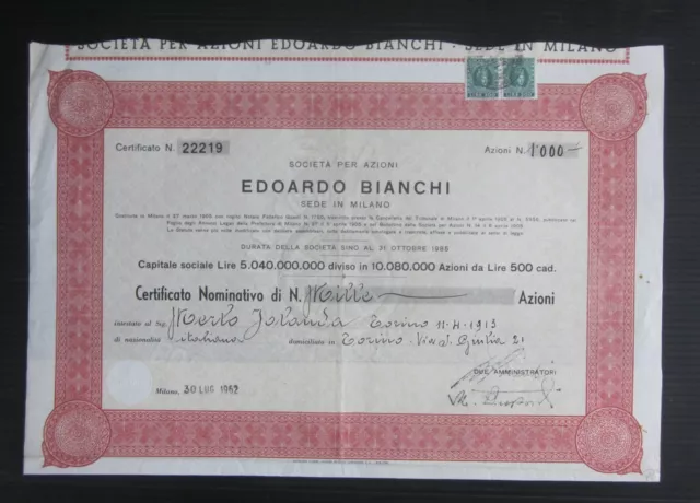 1962 SOCIETA PER AZIONI EDOARDO BIANCHI certificato azionario azione ciclismo