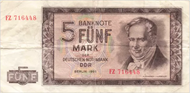 DDR 5 Mark Banknote 1964 Papiergeld Banknoten Geldschein - FZ
