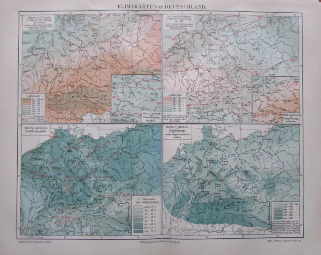 1891 KLIMAKARTE VON DEUTSCHLAND Lithografie alte Karte old map