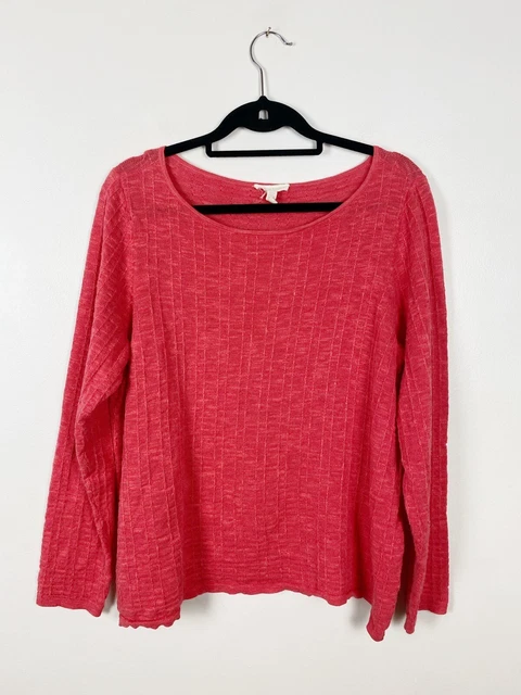 Eileen Fisher rosa Korallenwaffel Strick Top Leinen Baumwolle Pullover Größe XL