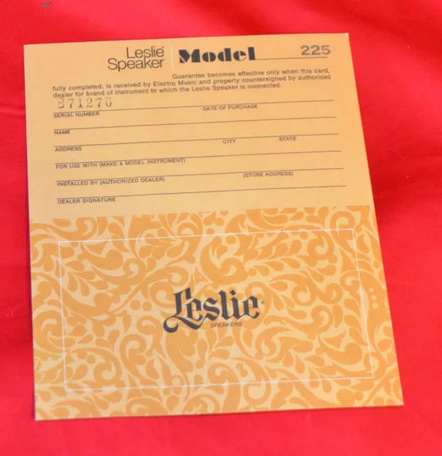 VINTAGE 1960's LESLIE CABINET ORGAN SPEAKER GUARANTEE WARRANTY REGISTRATION CARD