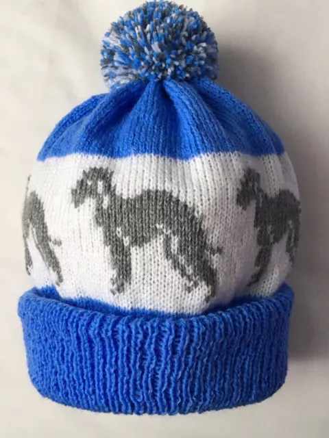 BEDLINGTON TERRIER NEW Knitted ROYAL BLUE pom pom bobble hat with DOG design,,