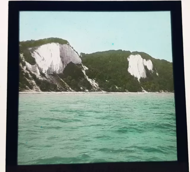 Altes Glasdia / Platte RÜGEN Kreidefelsen Deutschland c1905 8x8cm handcoloriert