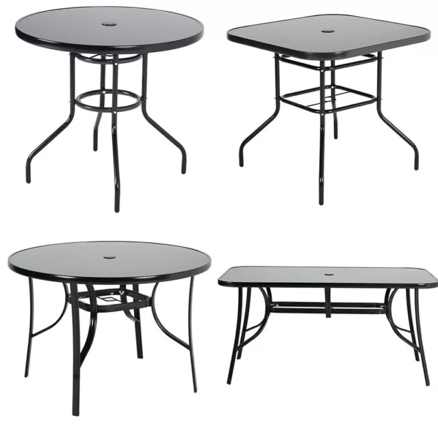 Large Outdoor Dining Table Metal Garden Patio Tempered Glass Top w/ Parasol Hole