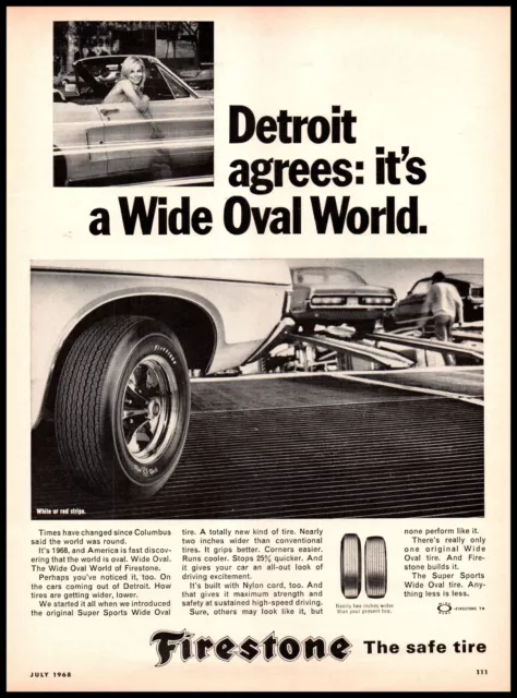 1968 Firestone Tires Wide Oval Tire Vintage Print Ad Detroit Mustang Convertible