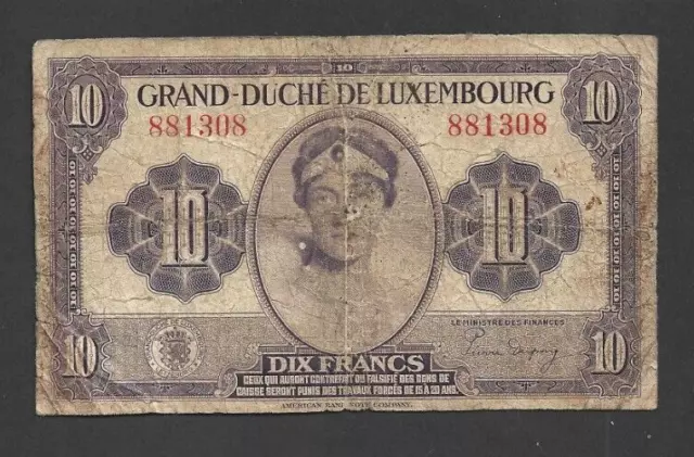 10 Francs  Vg Banknote From  Luxembourg  1944 Pick-44