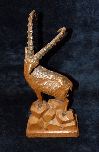 Large 19th c. Antique Black Forest Hand Carved Wood MOUNTAIN IBEX SCULPTURE