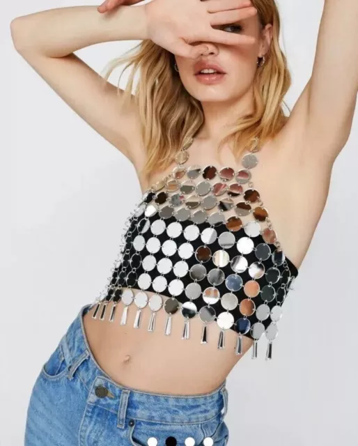 Nasty Gal Women's Chainmail Mirror Sequin Halter Crop Disco Party Top, One Size