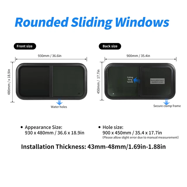 Car For 43‑48mm Wall Horizontal Sliding RV Window 35.4 X 17.7in Black Modified