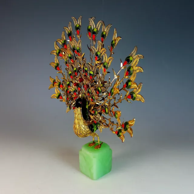 Cloisonne Peacock Bird Sculpture with Feathers on Green Stone Base 3