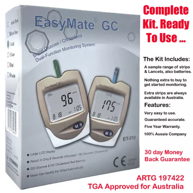 Cholesterol Test Kit EASYMATE - Complete Kit & strips, also Glucose, ARTG 197422