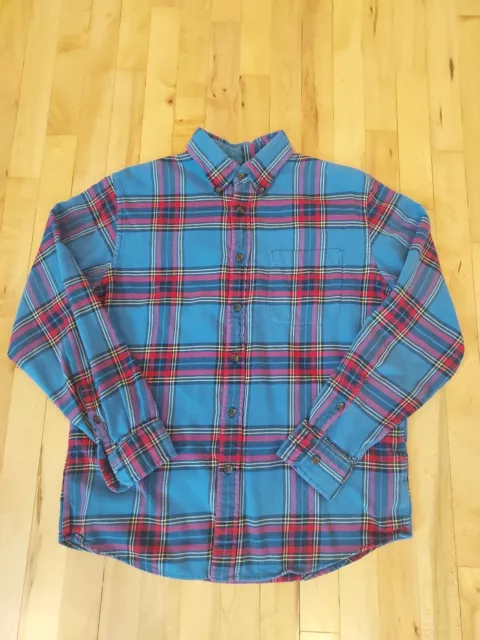 Lands End Men Button Up Shirt Medium Blue Plaid Flannel Long Sleeve Collar