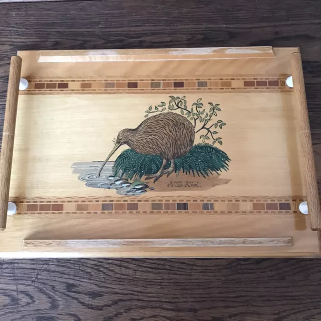 New Zealand timbers wooden Tawa tray marquetry design hand painted bird kiwi