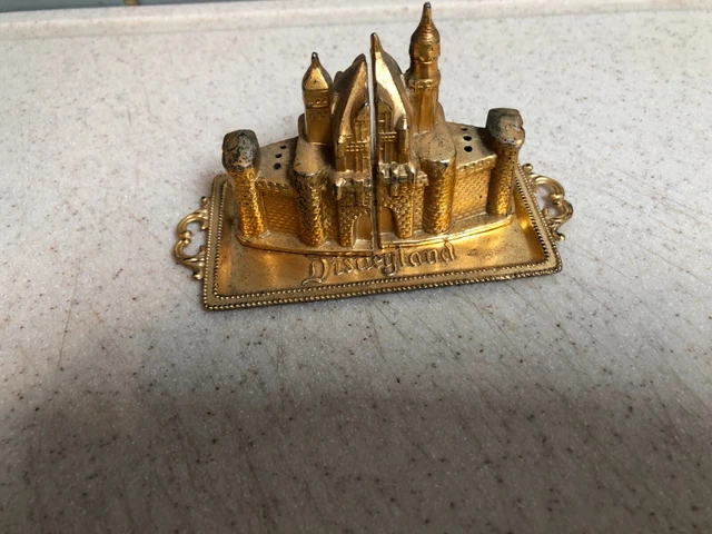 DISNEYLAND CASTLE VINTAGE 1950's METAL SOUVENIR BUILDING SALT SHAKERS ON TRAY