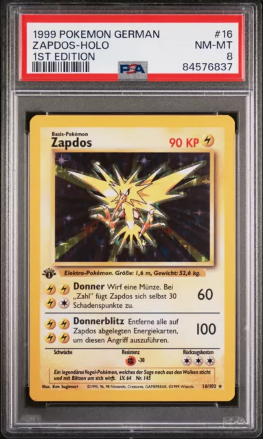 Pokemon Karte Zapdos 1. Edition Basis Base Set Deutsch Holo 11/102 PSA 8 NM Mint