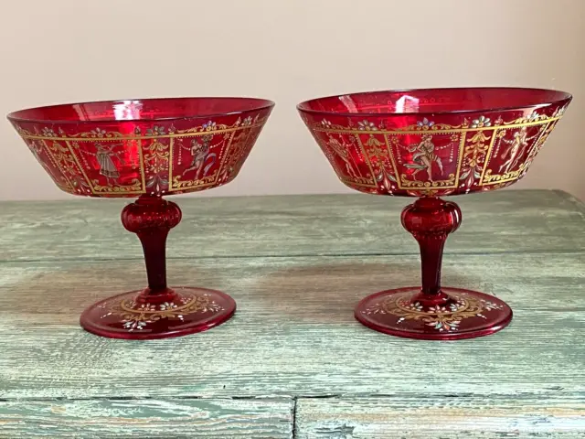 Venetian Murano Salviati Enameled Ruby Red Coupe Glasses X 2 Classical Scenes