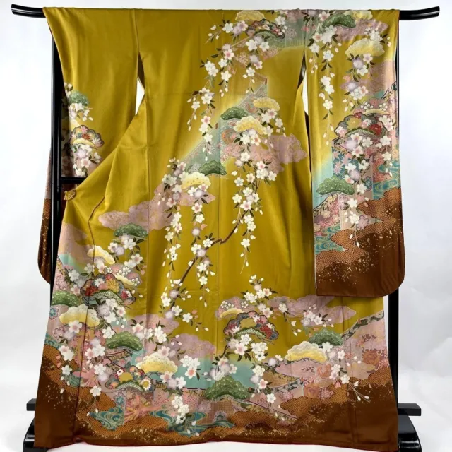 Japanese kimono SILK"FURISODE" long sleeves,Gld leaf/thread, SAKURA ,L5'8".3582